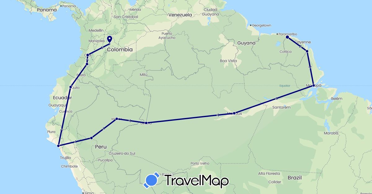 TravelMap itinerary: driving in Brazil, Colombia, Ecuador, French Guiana, Peru (South America)